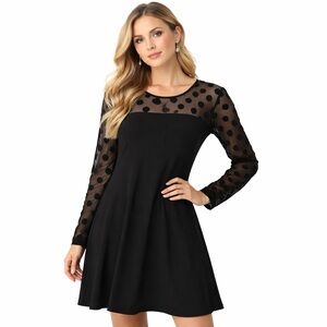 Nina Leonard Black Polka Dot Mesh Long Sleeve Swing Dress Size S